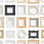 white, gold, black, picture frames, ornate frames, baroque frames, decorative molding,, fabric panel, vintage frames, empty frames, rectangular frames, square frames, oval frames, intricate details, elegant design, repeating pattern, antique style, luxurious feel, neutral palette