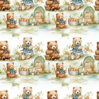 teddy bears, brown bears, blue checkered scarves, watercolor style, apple baskets, wooden barrels, gnome character, green hat, pastoral scene,, fabric panel, repeating pattern, soft colors, beige background, country theme, harvest motifs, whimsical illustration, children's fabric, nursery decor, autumn elements