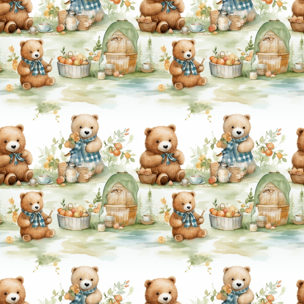 teddy bears, brown bears, blue checkered scarves, watercolor style, apple baskets, wooden barrels, gnome character, green hat, pastoral scene,, fabric panel, repeating pattern, soft colors, beige background, country theme, harvest motifs, whimsical illustration, children's fabric, nursery decor, autumn elements