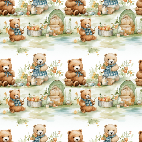 teddy bears, brown bears, blue checkered scarves, watercolor style, apple baskets, wooden barrels, gnome character, green hat, pastoral scene,, fabric panel, repeating pattern, soft colors, beige background, country theme, harvest motifs, whimsical illustration, children's fabric, nursery decor, autumn elements