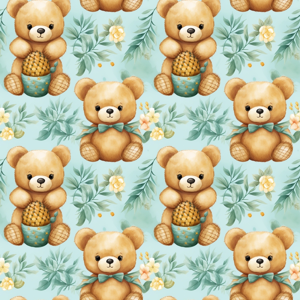 teddy bears, brown bears, pineapple motif, mint green, soft yellow, peach flowers, tropical leaves, bow ties,, fabric panel, nursery theme, watercolor style, repeating pattern, cute animals, pastel colors, children's fabric, floral elements, botanical design, baby theme, cotton fabric
