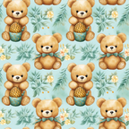 teddy bears, brown bears, pineapple motif, mint green, soft yellow, peach flowers, tropical leaves, bow ties,, fabric panel, nursery theme, watercolor style, repeating pattern, cute animals, pastel colors, children's fabric, floral elements, botanical design, baby theme, cotton fabric