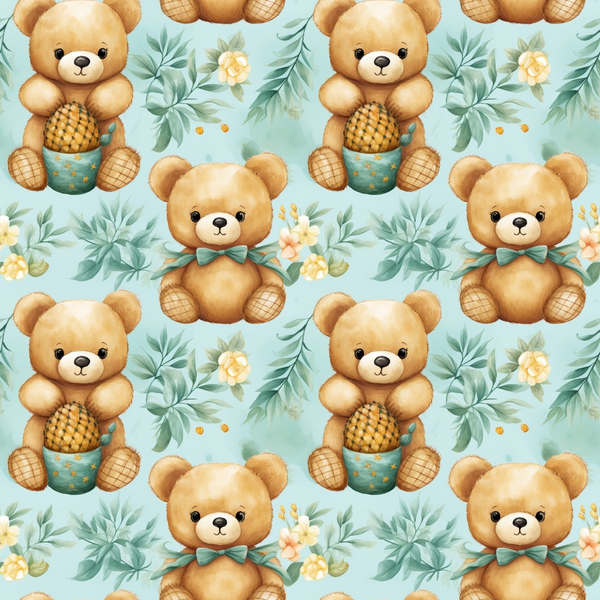 teddy bears, brown bears, pineapple motif, mint green, soft yellow, peach flowers, tropical leaves, bow ties,, fabric panel, nursery theme, watercolor style, repeating pattern, cute animals, pastel colors, children's fabric, floral elements, botanical design, baby theme, cotton fabric