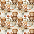 teddy bears, brown bears, mushrooms, floral elements, autumn colors, beige background, woodland theme, children's fabric,, fabric panel, watercolor style, soft pastels, nursery decor, cute animals, forest motifs, repeating pattern, warm tones, botanical details, whimsical design, craft fabric
