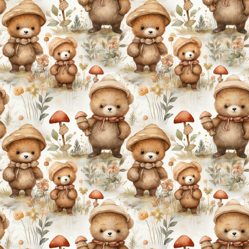 teddy bears, brown bears, mushrooms, floral elements, autumn colors, beige background, woodland theme, children's fabric,, fabric panel, watercolor style, soft pastels, nursery decor, cute animals, forest motifs, repeating pattern, warm tones, botanical details, whimsical design, craft fabric
