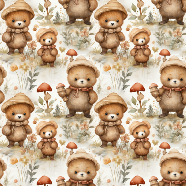 teddy bears, brown bears, mushrooms, floral elements, autumn colors, beige background, woodland theme, children's fabric,, fabric panel, watercolor style, soft pastels, nursery decor, cute animals, forest motifs, repeating pattern, warm tones, botanical details, whimsical design, craft fabric