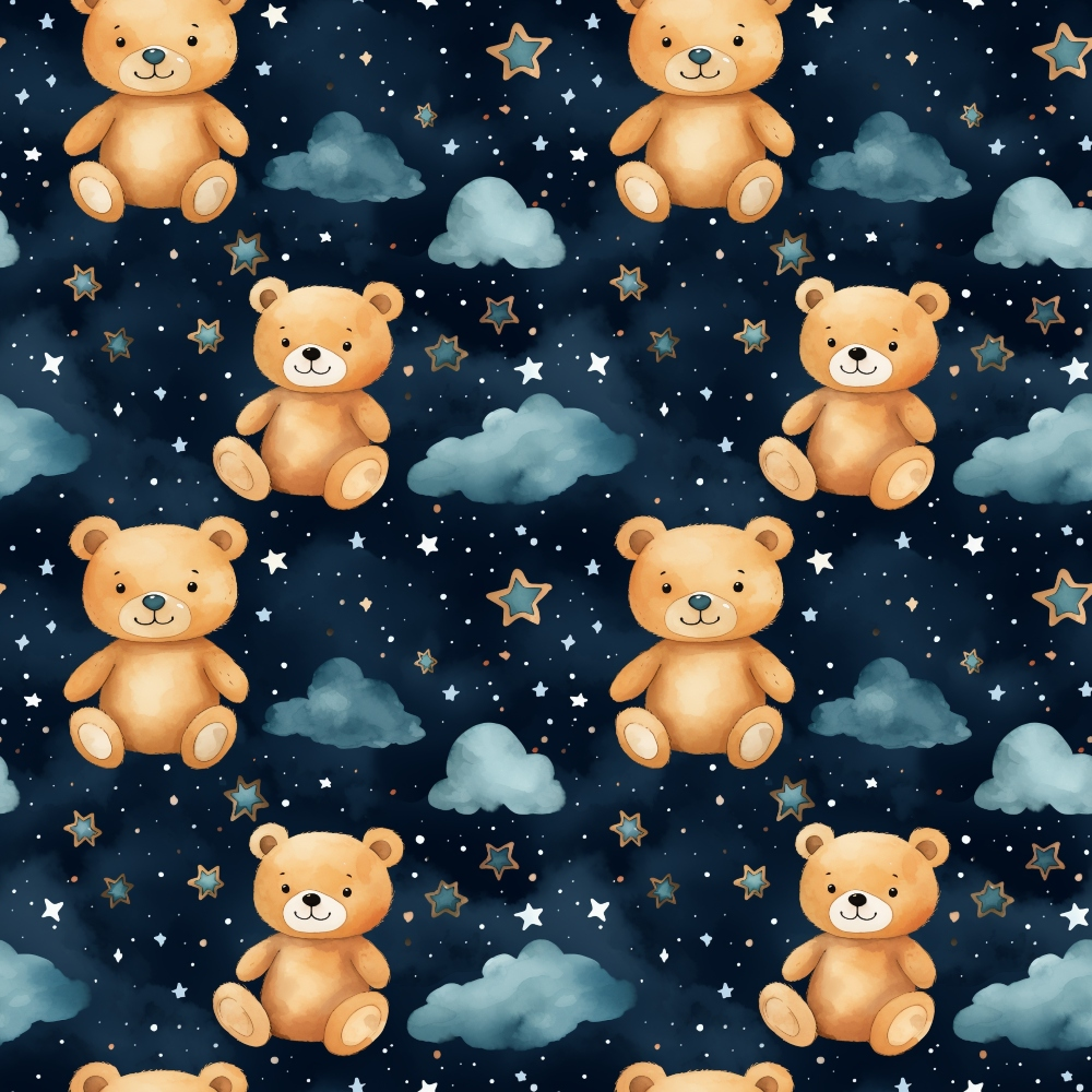 navy blue, orange, teddy bears, stars, clouds, night sky, repeating pattern,, fabric panel, cute animals, nursery theme, celestial elements, watercolor style, children's design, soft colors, whimsical, dreamy atmosphere, baby fabric, starry night, plush toys