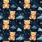 navy blue, orange, teddy bears, stars, clouds, night sky, repeating pattern,, fabric panel, cute animals, nursery theme, celestial elements, watercolor style, children's design, soft colors, whimsical, dreamy atmosphere, baby fabric, starry night, plush toys