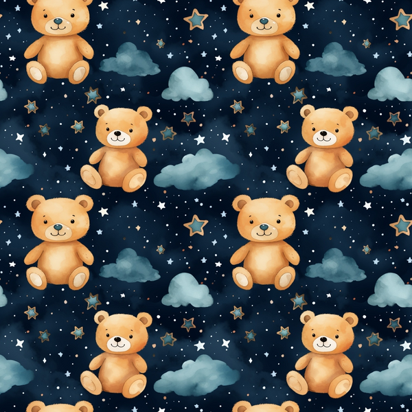 navy blue, orange, teddy bears, stars, clouds, night sky, repeating pattern,, fabric panel, cute animals, nursery theme, celestial elements, watercolor style, children's design, soft colors, whimsical, dreamy atmosphere, baby fabric, starry night, plush toys
