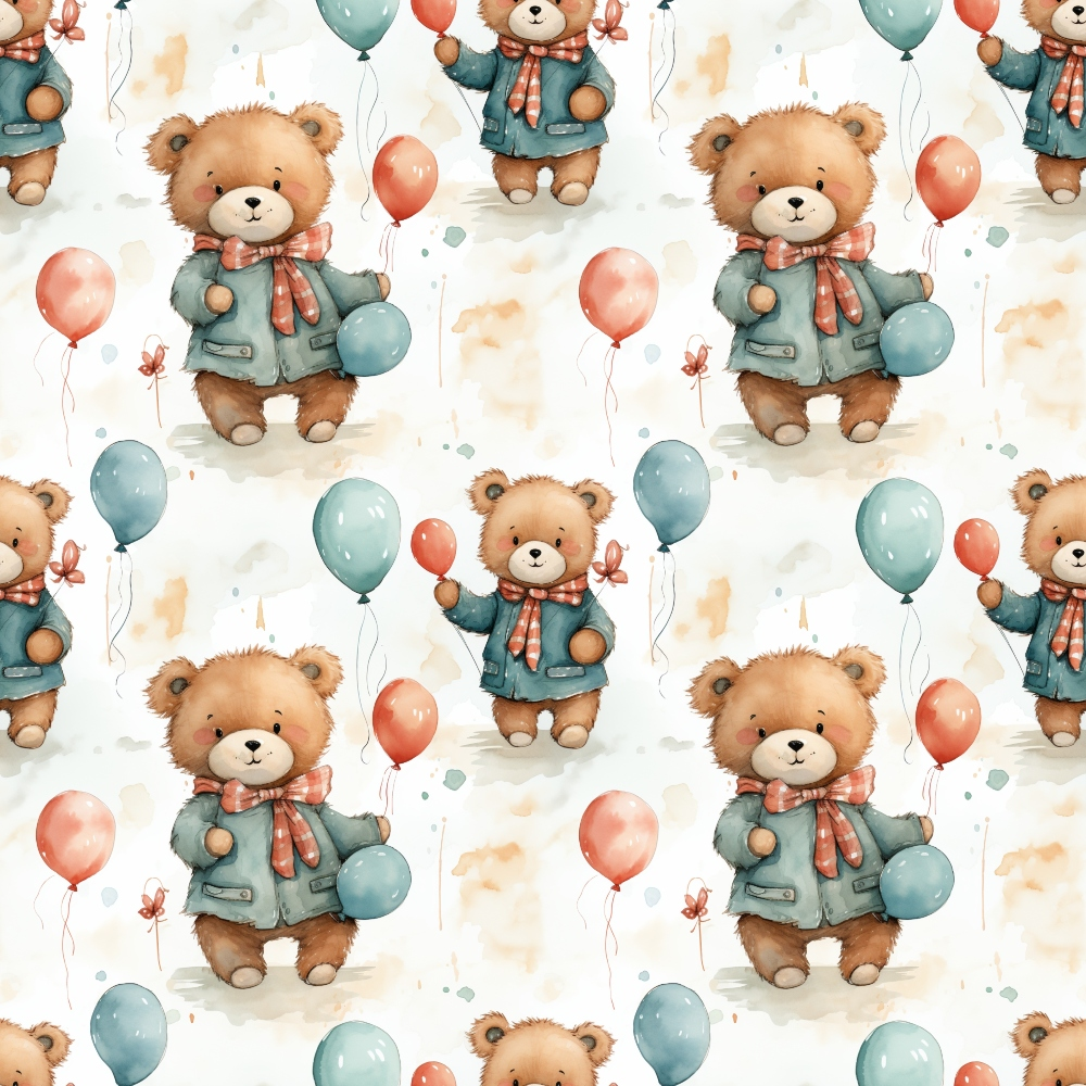 teddy bears, brown bears, teal jackets, coral scarves, balloons, watercolor style, children's pattern, nursery fabric,, fabric panel, whimsical design, soft colors, repeating pattern, cute animals, baby theme, pastel tones, playful motif, cotton fabric, craft material, sewing supplies