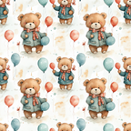 teddy bears, brown bears, teal jackets, coral scarves, balloons, watercolor style, children's pattern, nursery fabric,, fabric panel, whimsical design, soft colors, repeating pattern, cute animals, baby theme, pastel tones, playful motif, cotton fabric, craft material, sewing supplies