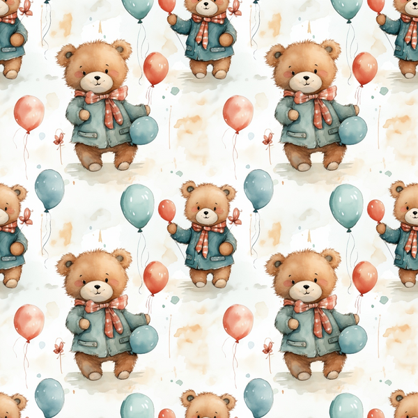 teddy bears, brown bears, teal jackets, coral scarves, balloons, watercolor style, children's pattern, nursery fabric,, fabric panel, whimsical design, soft colors, repeating pattern, cute animals, baby theme, pastel tones, playful motif, cotton fabric, craft material, sewing supplies