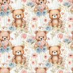 teddy bears, brown bears, watercolor style, floral pattern, pink roses, blue flowers, pastel colors, cream background, soft colors,, fabric panel, repeating pattern, cute animals, nursery theme, delicate florals, peach blossoms, botanical elements, children's fabric, baby theme, gentle artwork