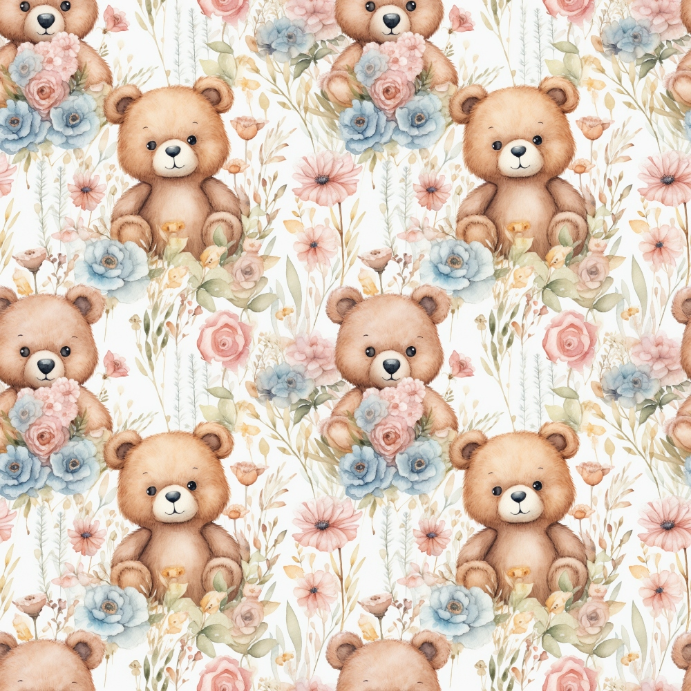 teddy bears, brown bears, watercolor style, floral pattern, pink roses, blue flowers, pastel colors, cream background, soft colors,, fabric panel, repeating pattern, cute animals, nursery theme, delicate florals, peach blossoms, botanical elements, children's fabric, baby theme, gentle artwork