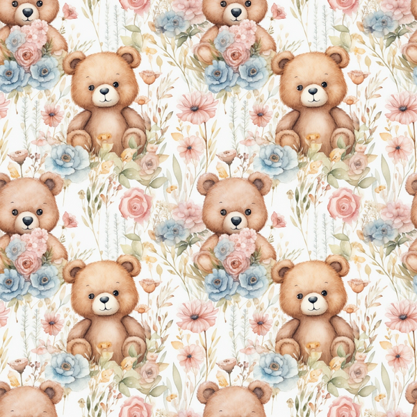 teddy bears, brown bears, watercolor style, floral pattern, pink roses, blue flowers, pastel colors, cream background, soft colors,, fabric panel, repeating pattern, cute animals, nursery theme, delicate florals, peach blossoms, botanical elements, children's fabric, baby theme, gentle artwork