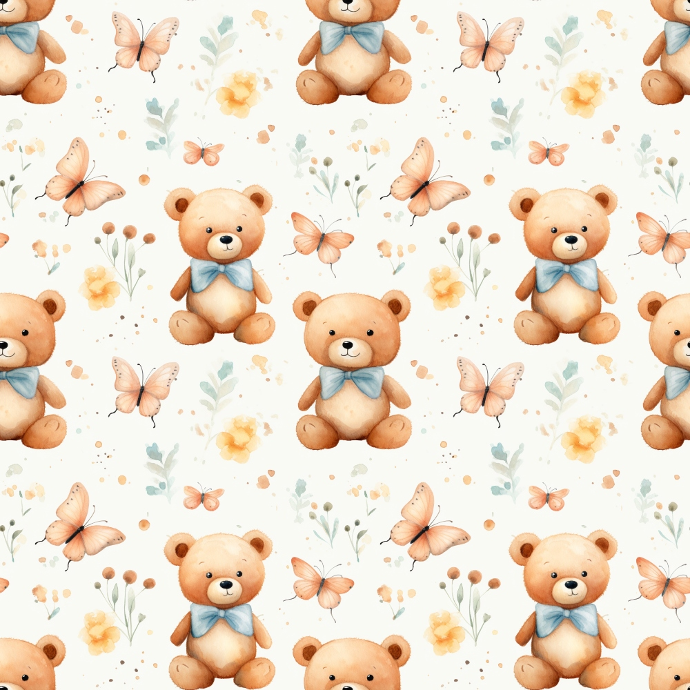 teddy bears, butterflies, floral elements, brown bears, peach butterflies, blue bow ties, cream background, watercolor style,, fabric panel, nursery theme, soft pastels, repeating pattern, children's fabric, baby theme, whimsical design, gentle mood, cute animals, spring flowers, coordinating colors