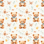 teddy bears, butterflies, floral elements, brown bears, peach butterflies, blue bow ties, cream background, watercolor style,, fabric panel, nursery theme, soft pastels, repeating pattern, children's fabric, baby theme, whimsical design, gentle mood, cute animals, spring flowers, coordinating colors