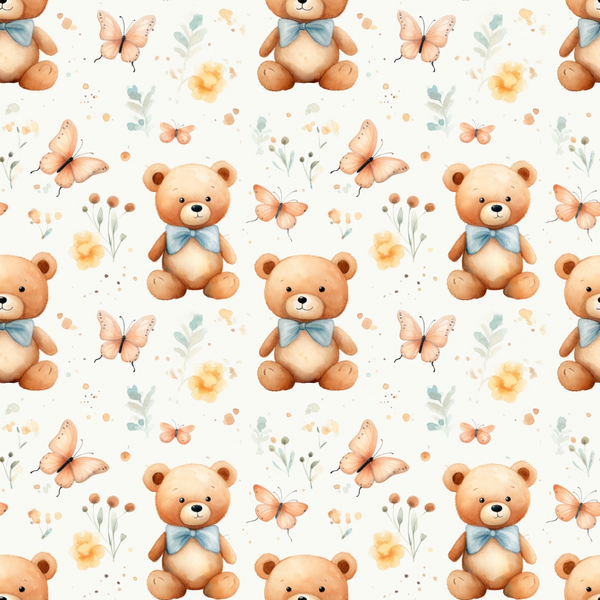 teddy bears, butterflies, floral elements, brown bears, peach butterflies, blue bow ties, cream background, watercolor style,, fabric panel, nursery theme, soft pastels, repeating pattern, children's fabric, baby theme, whimsical design, gentle mood, cute animals, spring flowers, coordinating colors