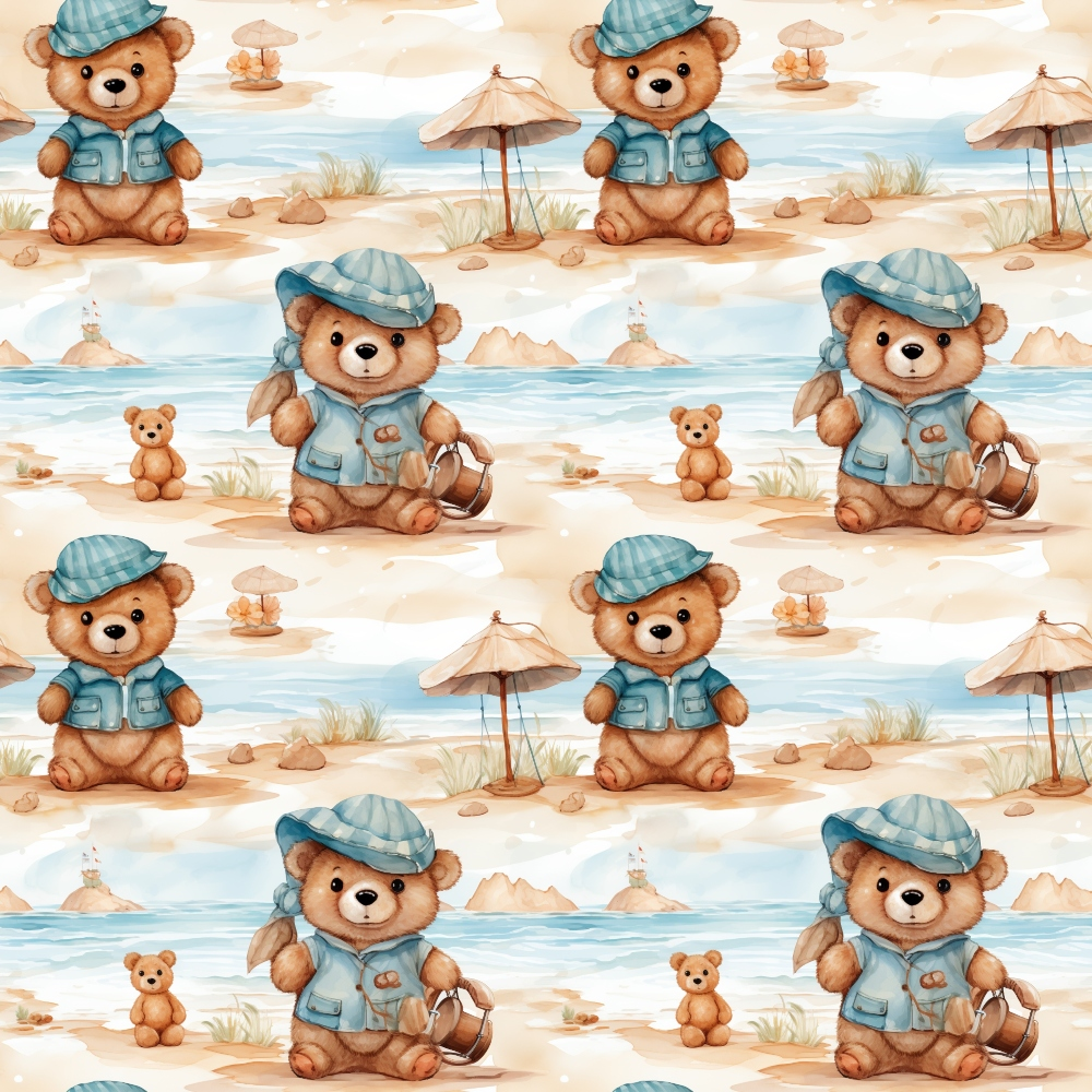 teddy bears, beach scene, blue striped hats, teal shirts, sandy shore, beach umbrellas, ocean waves, lighthouse, seagulls, brown bears, nautical theme, seaside vacation,, fabric panel, watercolor style, soft pastels, repeating pattern, summer motif, coastal design, children's fabric