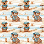 teddy bears, beach scene, blue striped hats, teal shirts, sandy shore, beach umbrellas, ocean waves, lighthouse, seagulls, brown bears, nautical theme, seaside vacation,, fabric panel, watercolor style, soft pastels, repeating pattern, summer motif, coastal design, children's fabric