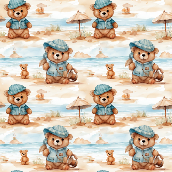 teddy bears, beach scene, blue striped hats, teal shirts, sandy shore, beach umbrellas, ocean waves, lighthouse, seagulls, brown bears, nautical theme, seaside vacation,, fabric panel, watercolor style, soft pastels, repeating pattern, summer motif, coastal design, children's fabric