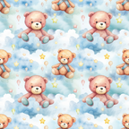 teddy bears, pink bears, brown bears, blue sky, white clouds, yellow stars, balloons, pastel colors, soft blue, peach tones, watercolor style, whimsical pattern, nursery theme, baby fabric, children's design, repeating motif,, fabric panel, cute animals, dreamy atmosphere