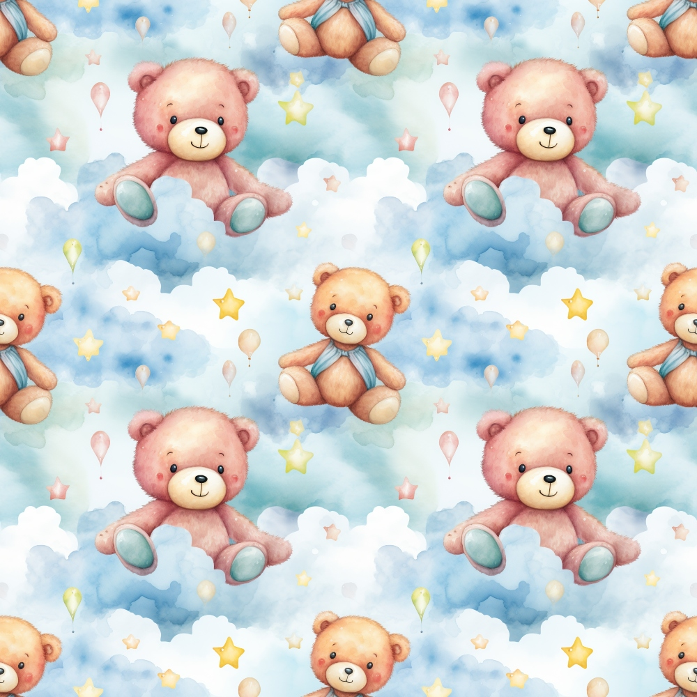 teddy bears, pink bears, brown bears, blue sky, white clouds, yellow stars, balloons, pastel colors, soft blue, peach tones, watercolor style, whimsical pattern, nursery theme, baby fabric, children's design, repeating motif,, fabric panel, cute animals, dreamy atmosphere