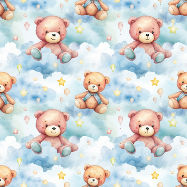 teddy bears, pink bears, brown bears, blue sky, white clouds, yellow stars, balloons, pastel colors, soft blue, peach tones, watercolor style, whimsical pattern, nursery theme, baby fabric, children's design, repeating motif,, fabric panel, cute animals, dreamy atmosphere