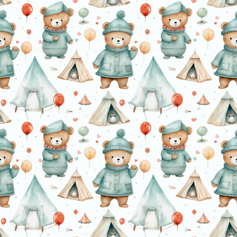 teddy bears, mint green, coral red, cream white, tan brown, winter clothing, knit hats, coats, camping tents, teepees, balloons, watercolor style, repeating pattern,, fabric panel, whimsical design, children's fabric, nursery theme, outdoor adventure, camping scene, bear characters, soft pastels