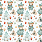 teddy bears, mint green, coral red, cream white, tan brown, winter clothing, knit hats, coats, camping tents, teepees, balloons, watercolor style, repeating pattern,, fabric panel, whimsical design, children's fabric, nursery theme, outdoor adventure, camping scene, bear characters, soft pastels