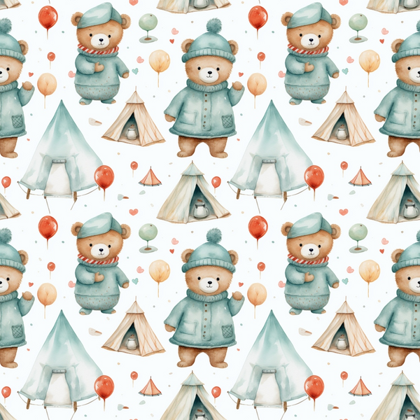 teddy bears, mint green, coral red, cream white, tan brown, winter clothing, knit hats, coats, camping tents, teepees, balloons, watercolor style, repeating pattern,, fabric panel, whimsical design, children's fabric, nursery theme, outdoor adventure, camping scene, bear characters, soft pastels