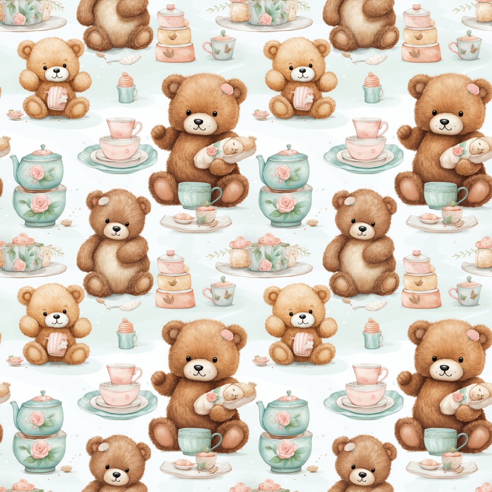 brown teddy bears, tea party theme, vintage teacups, soft pastels, pink accents, mint green, watercolor style,, fabric panel, nursery decor, whimsical illustration, teapots, saucers, floral roses, cute animals, seamless repeat, children's fabric, baby theme, soft textures, playful pattern
