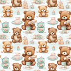 brown teddy bears, tea party theme, vintage teacups, soft pastels, pink accents, mint green, watercolor style,, fabric panel, nursery decor, whimsical illustration, teapots, saucers, floral roses, cute animals, seamless repeat, children's fabric, baby theme, soft textures, playful pattern