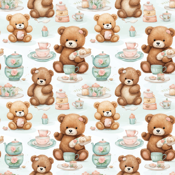 brown teddy bears, tea party theme, vintage teacups, soft pastels, pink accents, mint green, watercolor style,, fabric panel, nursery decor, whimsical illustration, teapots, saucers, floral roses, cute animals, seamless repeat, children's fabric, baby theme, soft textures, playful pattern