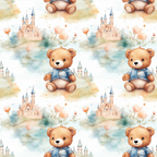 teddy bear, watercolor style, pastel colors, peach tones, blue clothing, fairy tale castle, whimsical design, nursery theme,, fabric panel, children's motif, soft pastels, dreamy atmosphere, repetitive pattern, baby theme, stuffed animal, storybook illustration, gentle colors, cotton fabric, crafting material