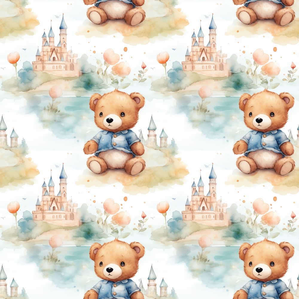teddy bear, watercolor style, pastel colors, peach tones, blue clothing, fairy tale castle, whimsical design, nursery theme,, fabric panel, children's motif, soft pastels, dreamy atmosphere, repetitive pattern, baby theme, stuffed animal, storybook illustration, gentle colors, cotton fabric, crafting material