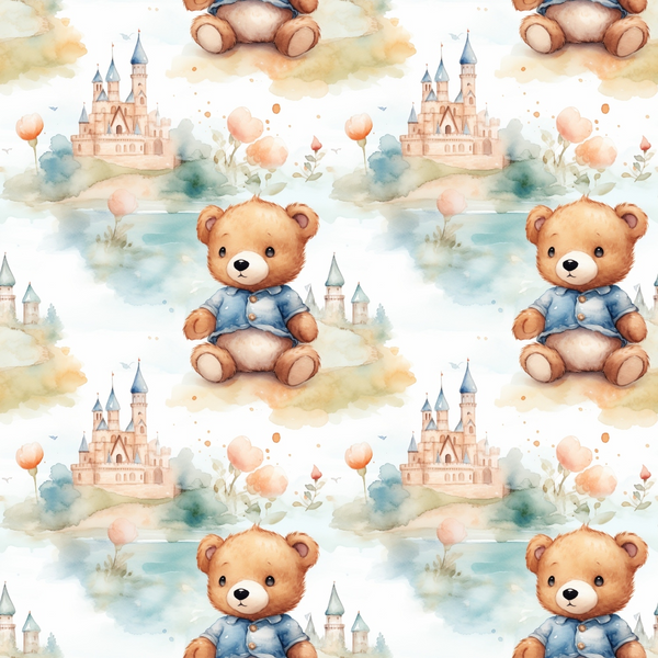 teddy bear, watercolor style, pastel colors, peach tones, blue clothing, fairy tale castle, whimsical design, nursery theme,, fabric panel, children's motif, soft pastels, dreamy atmosphere, repetitive pattern, baby theme, stuffed animal, storybook illustration, gentle colors, cotton fabric, crafting material