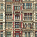 fabric panel, building facades, ornate windows, decorative stonework, cream beige, burgundy red, sage green, vintage buildings, european style, architectural details, intricate moldings, multi-story structures, repeating pattern, historic buildings, ornamental design, stone texture, antique aesthetic