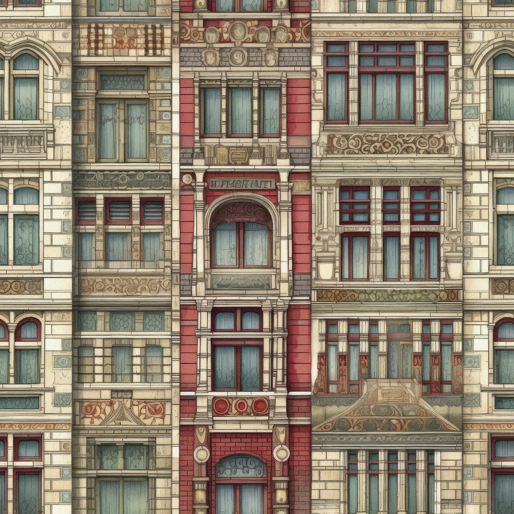 fabric panel, building facades, ornate windows, decorative stonework, cream beige, burgundy red, sage green, vintage buildings, european style, architectural details, intricate moldings, multi-story structures, repeating pattern, historic buildings, ornamental design, stone texture, antique aesthetic