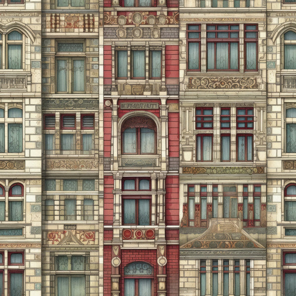 fabric panel, building facades, ornate windows, decorative stonework, cream beige, burgundy red, sage green, vintage buildings, european style, architectural details, intricate moldings, multi-story structures, repeating pattern, historic buildings, ornamental design, stone texture, antique aesthetic