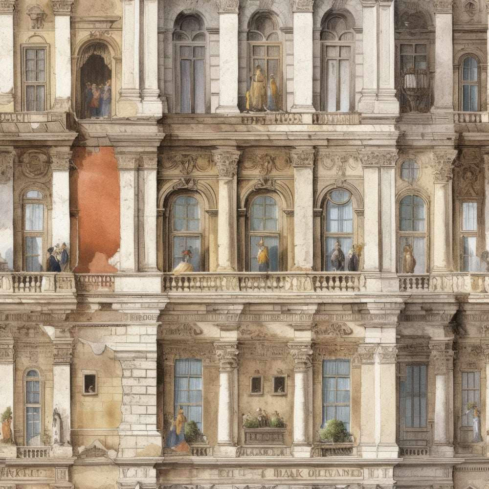 beige, cream, coral, architectural facade, columns, balustrades, arched windows, ornate details, baroque style, palace exterior, historical architecture, vintage illustration, watercolor effect, stone texture, decorative moldings, elegant design,, fabric panel