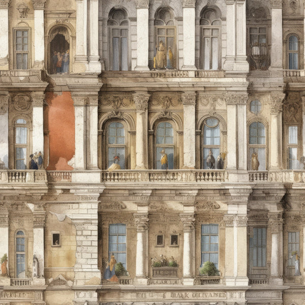 beige, cream, coral, architectural facade, columns, balustrades, arched windows, ornate details, baroque style, palace exterior, historical architecture, vintage illustration, watercolor effect, stone texture, decorative moldings, elegant design,, fabric panel