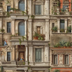beige, stone gray, sage green, terracotta orange, pale blue, ornate columns, balconies, shuttered windows, decorative moldings, mediterranean facade, potted plants, human figures, detailed stonework, vintage illustration, architectural pattern,, fabric panel, european style, ornamental design
