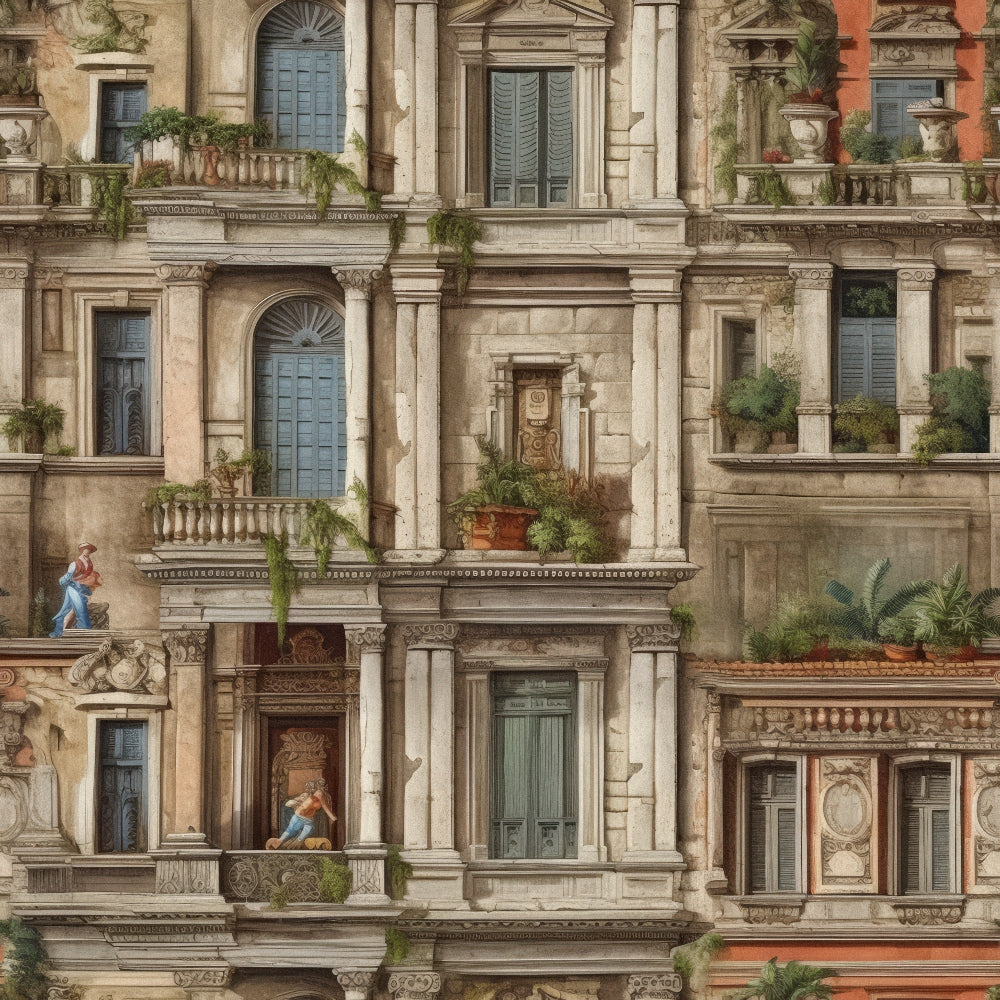 beige, stone gray, sage green, terracotta orange, pale blue, ornate columns, balconies, shuttered windows, decorative moldings, mediterranean facade, potted plants, human figures, detailed stonework, vintage illustration, architectural pattern,, fabric panel, european style, ornamental design