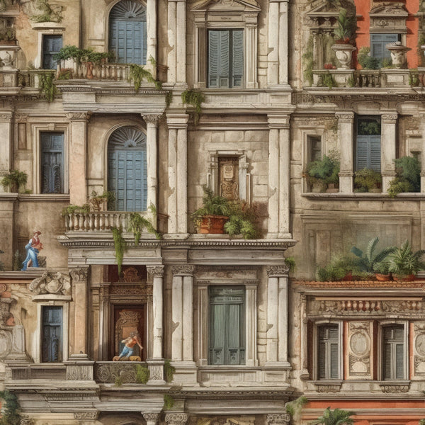 beige, stone gray, sage green, terracotta orange, pale blue, ornate columns, balconies, shuttered windows, decorative moldings, mediterranean facade, potted plants, human figures, detailed stonework, vintage illustration, architectural pattern,, fabric panel, european style, ornamental design