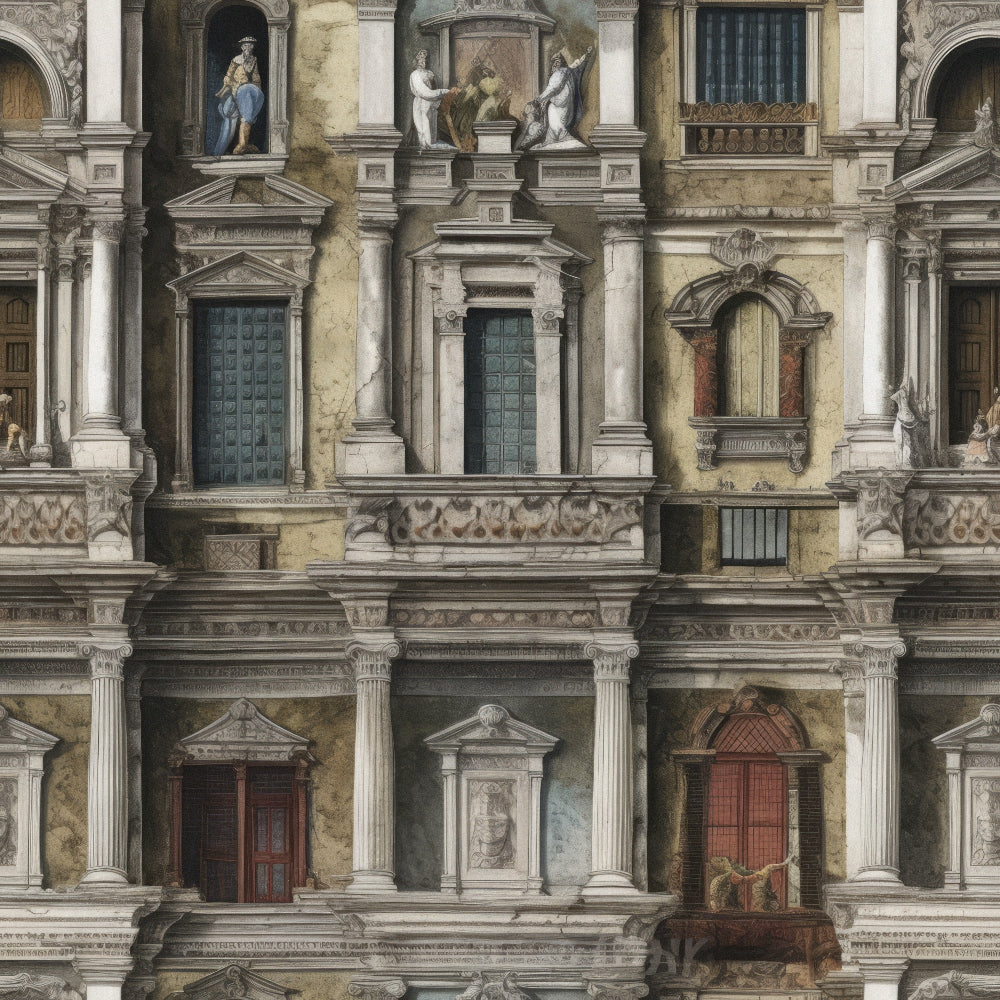 architectural facade, stone building, ornate details, cream colored, beige tones, brown accents, renaissance style, decorative statues, carved reliefs, arched doorways, balustrades, pilasters, weathered stone, historic architecture,, fabric panel, detailed illustration, ornamental design, palazzo facade