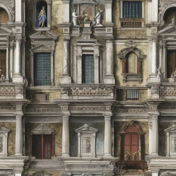architectural facade, stone building, ornate details, cream colored, beige tones, brown accents, renaissance style, decorative statues, carved reliefs, arched doorways, balustrades, pilasters, weathered stone, historic architecture,, fabric panel, detailed illustration, ornamental design, palazzo facade