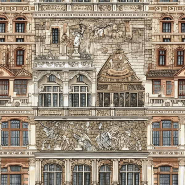 beige, tan, brown, cream, ornate facade, decorative molding, arched windows, carved reliefs, renaissance style, baroque elements, architectural details, stone texture, columned building, elaborate stonework, historical building,, fabric panel, ornamental design, european architecture
