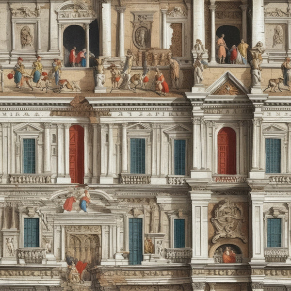 beige, cream, coral red, teal blue, columns, arches, balustrades, human figures, renaissance style, ornate facade, sculptural details, palatial building, multiple stories, decorative elements,, fabric panel, architectural motifs, european inspired