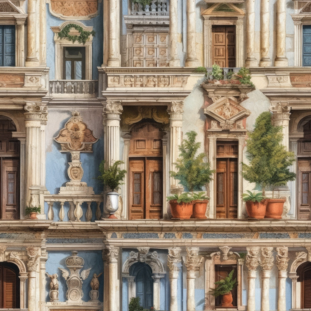 cream, beige, terracotta, blue accents, architectural facade, ornate balconies, potted plants, decorative urns, stone details, renaissance style, elaborate doorways, carved elements,, fabric panel, european architecture, palazzo design, ornamental features, vintage inspired, detailed illustration
